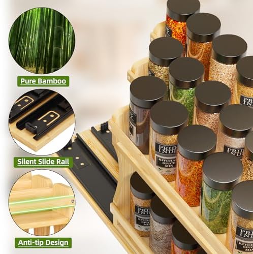 BAMEOS Pull Out Spice Rack Organizer for Cabinet, Bamboo Wide 7.7" Slide Out Seasoning Organizer for Kitchen, No Drill Anti-Tip Ball Bearing Silent Glides, Pantry Cabinet Organizer, Natural - Image 4
