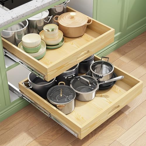 2Pack Pull Out Cabinet Organizer, Soft Close Wooden Slide Out Drawers for Pots, Full-extension Roll Out Shelves for Kitchen Cabinets, Pantry Organization, Bottom and Side Mount(21"W X 21"D x 3.4''H) by Kitstorack