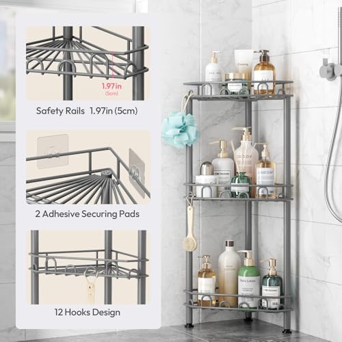 SWTYMIKI Standing Shower Caddy Corner - 3‑Tier Stainless Steel Shower Organizer Shelf with 12 Hooks and Adhesive Pads, Rustproof Corner Shelves Stand Rack for Bathroom Shower Room, Gray - Image 4