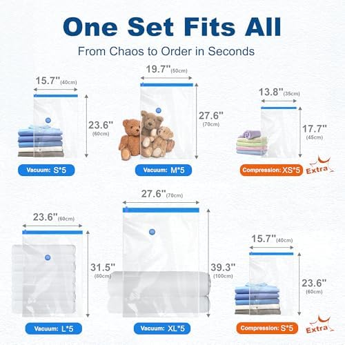 HOUSE DAY 30 Pack Vacuum Storage Bags with Electric Pump, 4 Sizes + 2 Roll-Up (5 Each), Space Saver Vacuum Seal Bags for Clothing, Bedding, Pillows, Travel – Airtight Seal, Reusable & Durable - Image 6