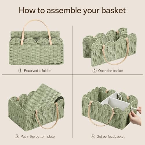 HBlife Large Baby Diaper Caddy, Paper Rope Scalloped Storage Baskets Nursery Bin with Removable Divider, Portable Car Organizer for Diapers, Baby Shower Gifts, Newborn Essentials Must Haves, Green - Image 7