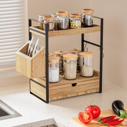 2-Tier Bathroom Counter Organizer, Wooden Vanity Shelf with Drawer & Basket - Image 5