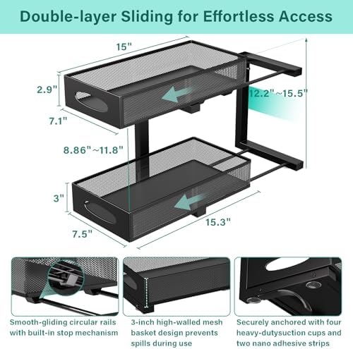 Under Sink Organizer, 2-Pack of 2-Tier Metal Slide Out Pull Out Cabinet Organizer Shelf, Height Adjustable Organization and Storage Series, Bathroom/Desktop/Cabinet/Kitchen Organization, Black - Image 2