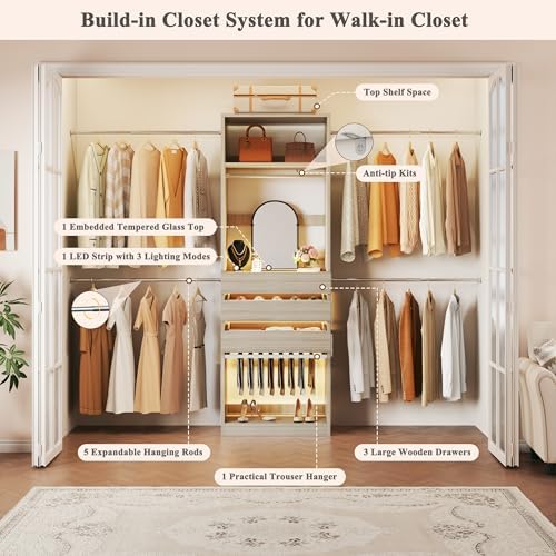 Closet System, 4-8 FT Closet Organizer with 3 Wood Drawers & Glass Top, Oak - Image 5