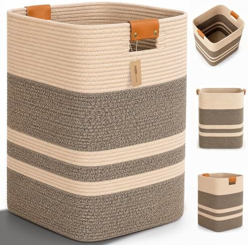Laundry Hamper, Cotton Rope Laundry Basket with Leather Handles, 22.5-Gallon/85 L Large Clothes Hampers for Laundry, Woven Laundry Baskets for Blankets, Clothing, Bedroom, Living Room, Nursery by ARATECHOME