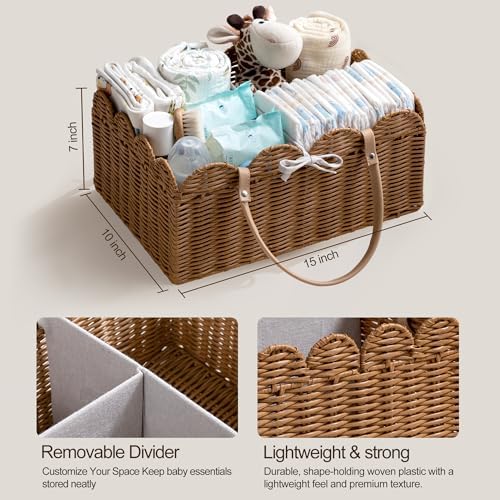 HBlife Baby Diaper Caddy Organizer, Large Portable Scalloped Plastic Wicker Woven Basket with Divider, Nursery Diaper Station, Baby Shower Gifts Basket, Car Organizer, Washable Waterproof - Image 5