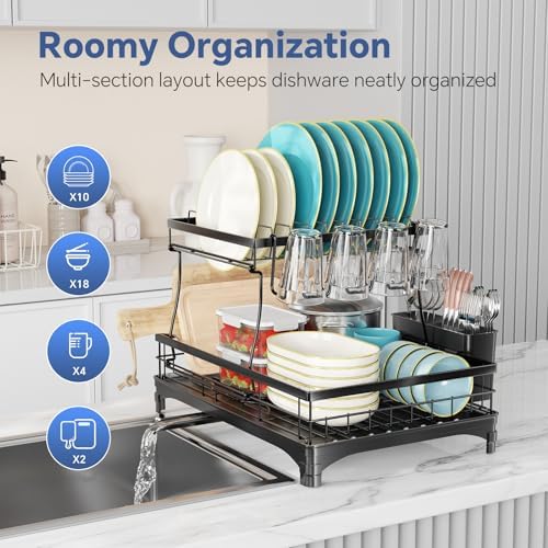 Simple Trending Dish Drying Rack, 2-Tier with Utensil Holder, Black - Image 4