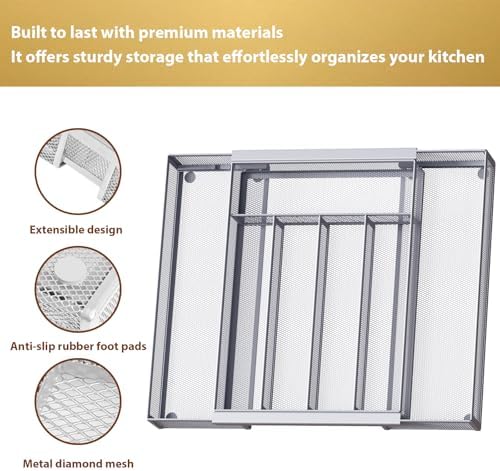 Sedegn Silverware Organizer Metal Mesh, Drawer Organizer, Utensil Cutlery Tray Expandable Flatware Organizer with 7 Compartment Silver 9.6"~16.1" x 13.8" - Image 3