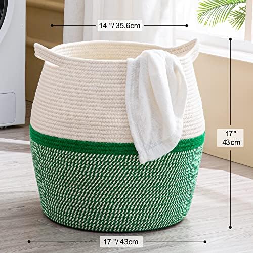 KAKAMAY Woven Baskets for Storage(17"x17"),Large Cotton Rope Woven Baby Laundry Hamper,Collapsible Laundry Basket, Blanket Basket for Organizing Living Room,Nursery,Pillows,Toy Chest(Green) - Image 6