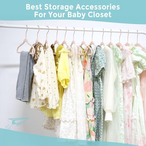 Tonswachic Velvet Child Hangers 50 Pack, 14" Premium Kids Felt Hangers, Non Slip Baby Hangers for Toddler Clothes, 0.2" Slim Space-Saving Children Hangers with 10 Clips & 360° Rose Gold Hook, Pink - Image 5