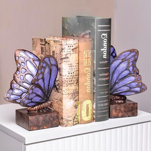 Vintage Purple Butterfly Bookends,Resin Book Ends for Shelves,Heavy Duty Decorative Bookends,Creative Book Stopper Holder Decor for Desk Home Office,Shelf Decoration,Gifts for Mother's Day - Image 2