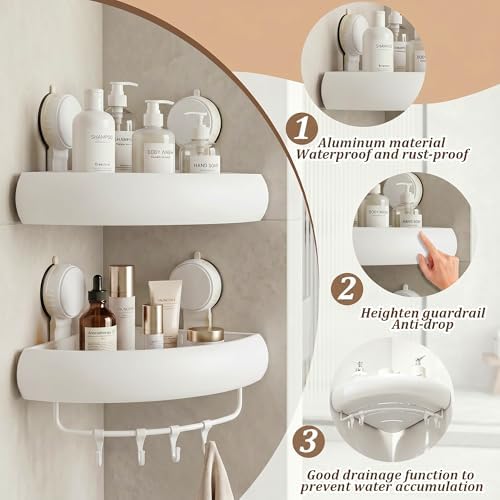Shower Caddy Suction Cup（2-Pack Cream White）, No-Drilling Corner Bathroom Organizer,Rust Proof Shower Shelf for Inside Shower with Removable Hooks & Towel Bar - Image 3