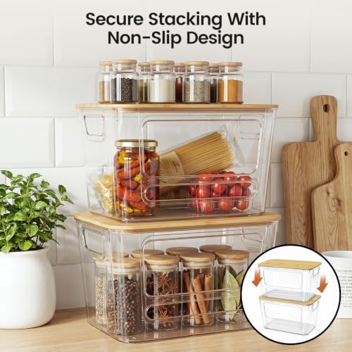 2 Pack Stackable Trash Bag Organizer, Bamboo Lid, Clear Open-Front Bin - Image 2
