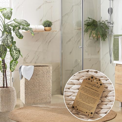 Casafield Large Laundry Hamper with Lid and Removable Liner Bag - Whitewash White, Woven Water Hyacinth Rectangular Laundry Basket Clothes Sorter - Image 2