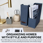 Bigso Box of Sweden Estelle Canvas Fiberboard Upright Magazine Holder and Organizer for Papers and Catalogs with Leather Handle - Magazine File Holder for Office Desks - 12.6in x 4.5in x 9.8in - Blue - Image 7