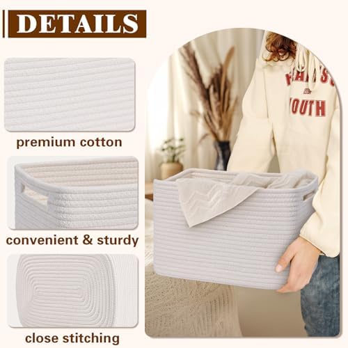 Storage Baskets for Organizing, 4 Pack Baskets for Shelves, Decorative Storage Bins for Shelves, Cotton Rope Storage Basket with Handles, Woven Basket for Storage, 13''Lx8.7''Wx7.9''H, White - Image 5