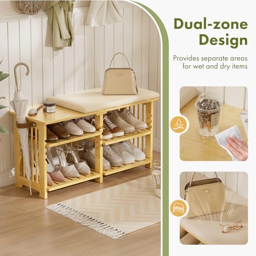 Amazer Bamboo Shoe Rack Bench, 3-Tier Shoe Bench Height Adjustable, Entry Bench with Side Storage Strap, Shoes Organizer Storage Bench, Shoe Shelf with Seat Cushion for Entryway, Living Room, Hallway - Image 5