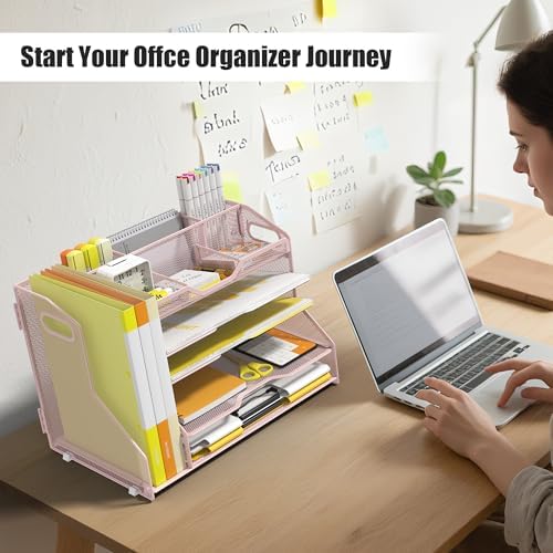 YINGHUA 5-Tier Mesh Desk Organizer and File Holder, Letter Tray - Pink - Image 7