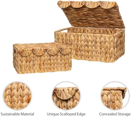 StorageWorks Wicker Storage Basket with Lid, Scalloped Wicker Baskets - Image 4