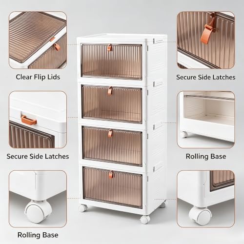 4-Tier Foldable Plastic Drawer Storage with Wheels,Stackable Storage Bins with Lid,Organization and Storage Boxes for Kitchen,Cloakroom,Closet,Living Room,Office and Dorm - Image 3