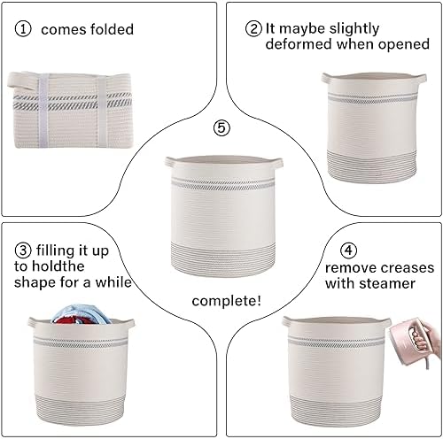 OIAHOMY 80L Laundry Basket, Laundry Hamper, Cotton Rope Storage Basket with Handles, Decorative Woven Basket for Living Room,Storage Baskets for Clothes, Blankets, and Toys -20''×18'', White&Gray - Image 6