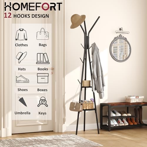 HOMEFORT Coat Rack, Coat Hanger Stand with 2 Shelves, Freestanding Hall Tree, Metal Hat Hanger with 12 Hooks for Clothes Hats and Scarves (Black) - Image 4