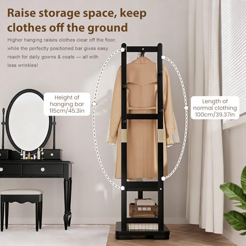 Taitiy Coat Rack, Solid Wood Freestanding Clothing Rack, 2 Shelves 5 Hooks - Image 6