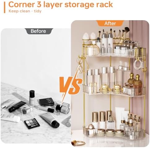3-Tier Corner Bathroom Counter Organizer，Makeup & Skincare Shelf with Built-in Brush Holder，Space-Saving Bathroom Countertop Organizer for Skincare, Perfume, Cosmetics(Clear) - Image 5