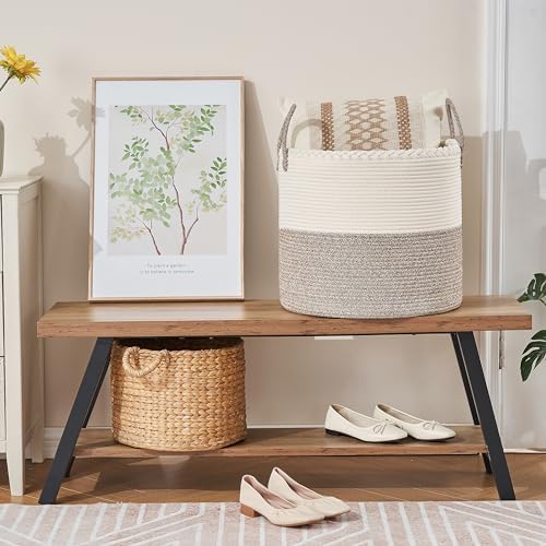 KAKAMAY Large Blanket Basket (18"x18"x16"),Woven Baby Laundry Hamper for Storage, Cotton Rope Blankets Baskets for Nursery, Laundry, Living Room, Pillows, Baby Toy chest with Handles (White/Beige) - Image 5