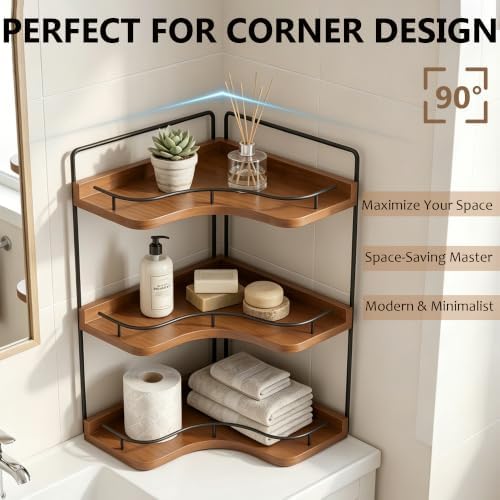 3-Tier Corner Bathroom Counter Organizer, Solid Wood Corner Shelf - Image 3