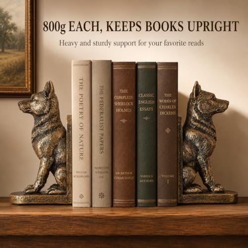 German Dog Bookends Set of 2,Decorative Book Ends for Shelves,Antique Gold Resin Shepherd Dog Statues,Aesthetic Bookshelf Decor,Book Holders for Home Office Desk Library,Vintage Shelf Styling Gift - Image 3