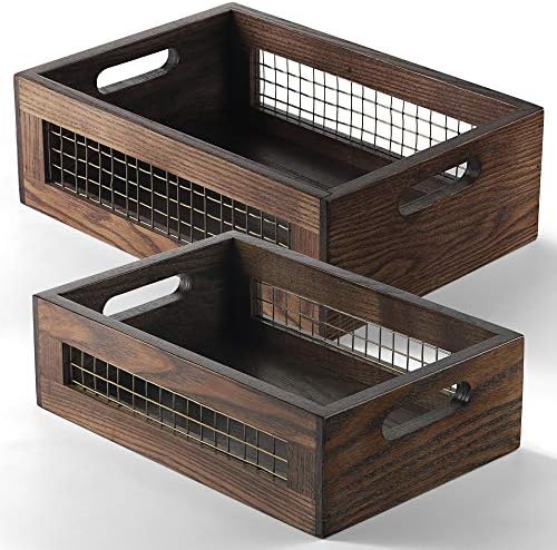 Set of 2 Wooden Countertop Baskets with Sturdy Wire Mesh & Handles by NAGAWOOD