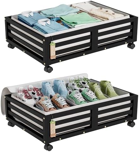 Wisuce 2 Packs Bamboo Under Bed Storage Organizer with Wheels Black Small by Wisuce