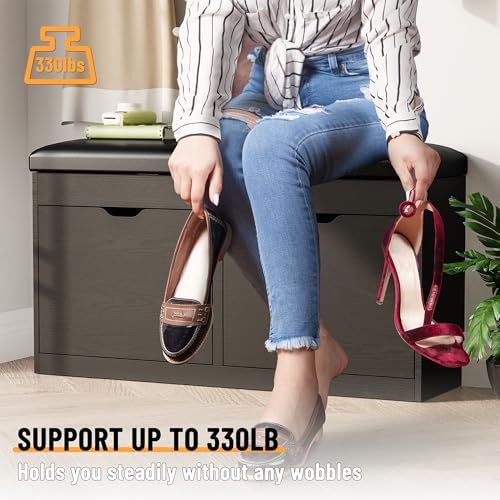 40" Shoe Storage Bench with Flip Drawers Padded Seat Cushion, Shoe Cabinet with Lift Top Storage Box, Shoe Bench Shoe Organizer for Entryway, Hallway, Living Room, Black - Image 4