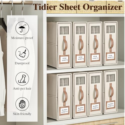 4 Pack Foldable Bed Sheets Set Organizers and Storage(King & Queen Size),Linen Fabric Closet Organizers with Window,Folding Bedding Storage Box for Bedsheets and Pillow Cube Organizer-Beige - Image 5