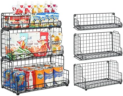 X-cosrack Stackable Wire Basket 3 Tier Countertop& Wall Mounted Metal Storage Basket for Kitchen Pantry Cabinet, Muti-functional Open Front Bin Organizer for Food Fruit Snack, Black by X-cosrack
