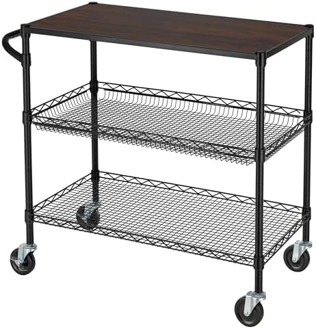 Finnhomy 3 Tier Heavy Duty Commercial Grade Utility Cart with Wood Top, Wire Rolling Cart with Wheels and Handle Bar, Kitchen Carts on Wheels, 18x36x35.4 H Metal Cart with 600 LBS Capacity, Black by Finnhomy