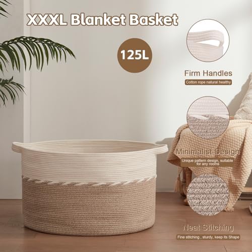 OIAHOMY 125L Extra Large Blanket Basket, Jumbo Cotton Laundry Basket Brown - Image 5