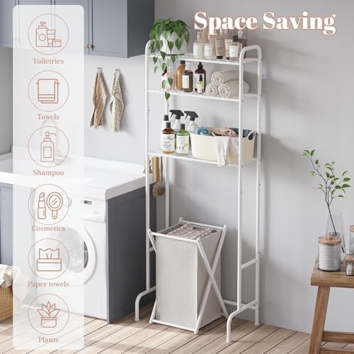 STDDRE 3-Tier Over The Toilet Storage Space Saver with Paper Holder Freestanding Rack Metal Bathroom Shelves with Hooks Above The Toilet Storage Shelf (White, 3 Tier) - Image 6