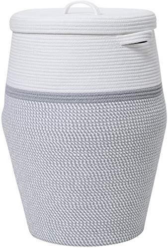 26"x20" Extra Large Tall Woven Laundry Basket with Lid, Cotton Rope Blanket Storage Basket, Freestanding Decorative Bin for Bedroom Living Room, White & Light Grey by Cottonphant