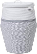 26"x20" Extra Large Tall Woven Laundry Basket with Lid, Cotton Rope Blanket Storage Basket, Freestanding Decorative Bin for Bedroom Living Room, White & Light Grey by Cottonphant