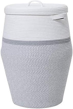 26"x20" Extra Large Tall Woven Laundry Basket with Lid, Cotton Rope Blanket Storage Basket, Freestanding Decorative Bin for Bedroom Living Room, White & Light Grey by Cottonphant