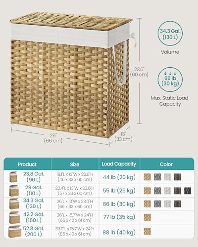 SONGMICS Laundry Hamper with Lid, 130L Double Wicker Basket, 6 Mesh Bags - Image 6