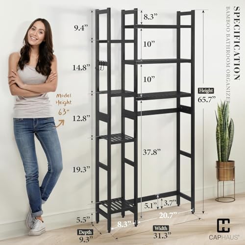 CAPHAUS Over -The -Toilet Storage Shelf,7-Tier Bamboo Bathroom Organizer Shelf Rack Over Toilet with Adjustable Feet & Hooks, Freestanding Toilet Shelf for Bathroom Laundry Balcony Plant Stand,Black - Image 2