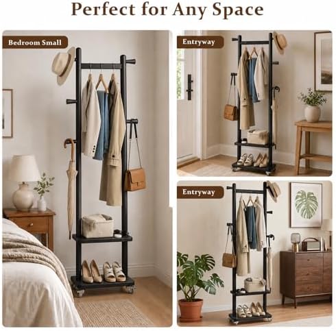 Taitiy Small Clothes Rack Solid Wood Coat Rack Freestanding with Wheels - Image 5