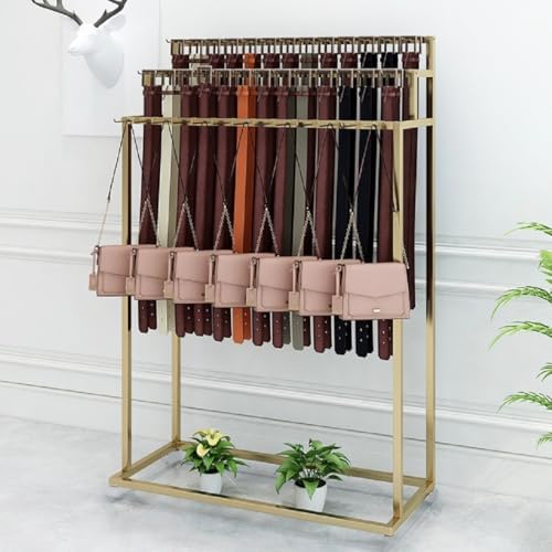 Modern Floor Standing Belt Hanger, Belt Display Stand with 39 Hooks Metal Belt Rack Organizer Storage Shelf for Belt Ties Scarf Bags, Gold by Unknown