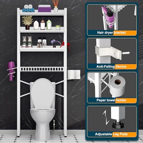 Over The Toilet Storage Cabinet,4 Tier Bathroom Organizer and Storage With Adjustable Shelf Waterproof Feet Pad and Basket Multifunctional Space Saver Freestanding Bathroom Shelves With Dividers White - Image 6