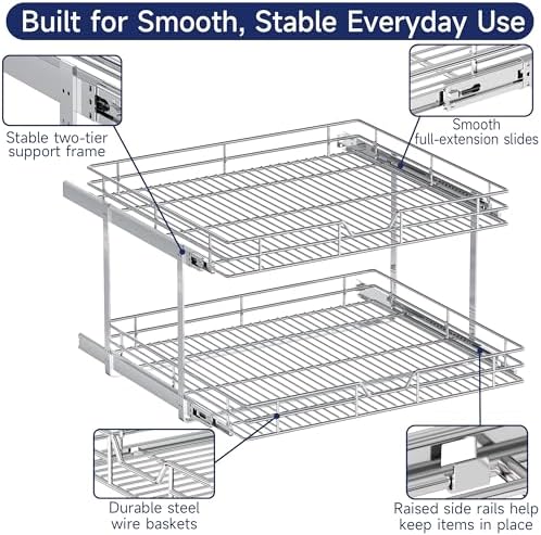 2-Tier Pull Out Cabinet Organizer, 27" W x 21.5" D, Heavy Duty Dual Slide Out Shelves for Wide Base Cabinets, Chrome Wire Basket Drawer for Pots, Pans, Pantry & Cleaning Supplies - Image 5