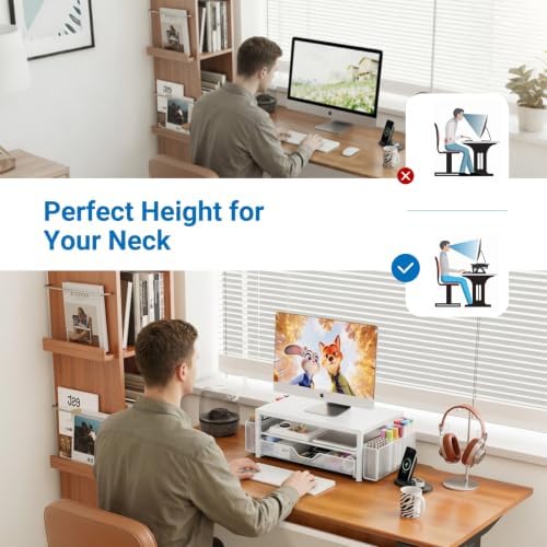 OPNICE Desk Organizers and Accessories, Computer Monitor Stand Riser with Drawer and 2 Pen Holders, Printer & Laptop Stand, Office Desk Accessories & Workspace Organizers for Home Office Supplies, Metal White - Image 3