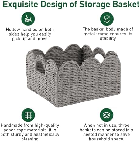 OIAHOMY Scalloped Wicker Baskets, Hand-woven Storage Baskets with Built-in Handles, Paper Rope Shelf Baskets for Organizing and Decoration, Set of 3-Grey - Image 5